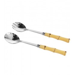Conjunto 2 Peças 23,2cm Para Salada de Aço Inox Cabo de Plástico Bambu Natural